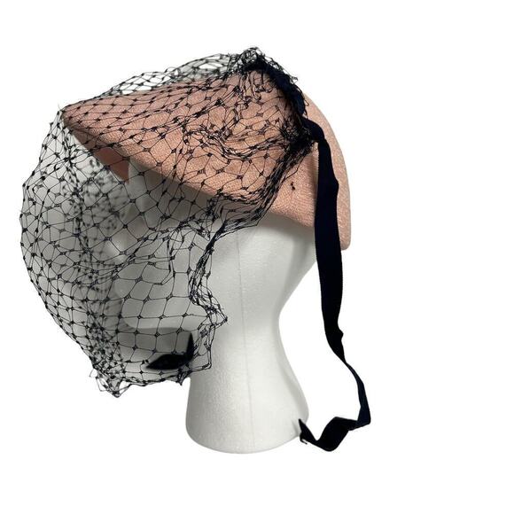 Vintage Wilshire Pink Sequined Thread Hat with Navy Blue Veil Circa 1940s - Picture 2 of 12